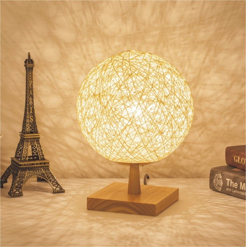 Lampe de chevet en Rotin avec Pied en Bois